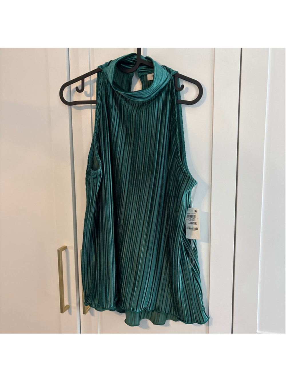 Women's ON+34TH Pleated Sleeveless Blouse, Size L, Dark Forest Green